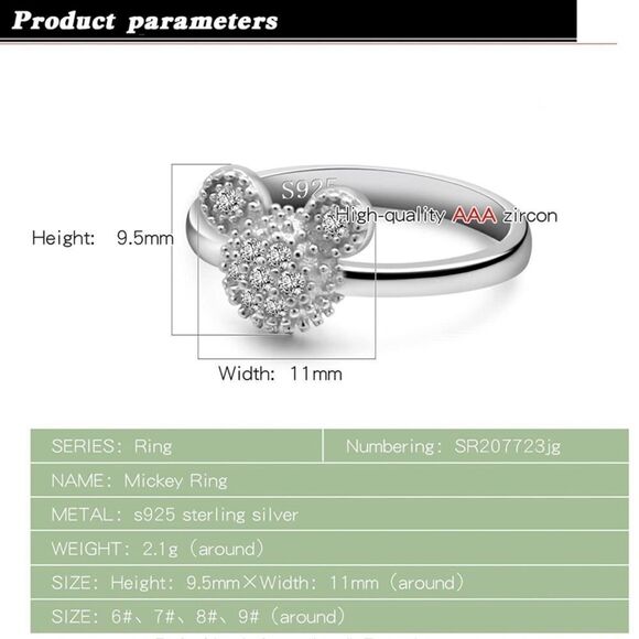 .925 Sterling Silver with White Diamond Cubic Zirconia Mickey Mouse Ring Size 8 - Picture 8 of 8
